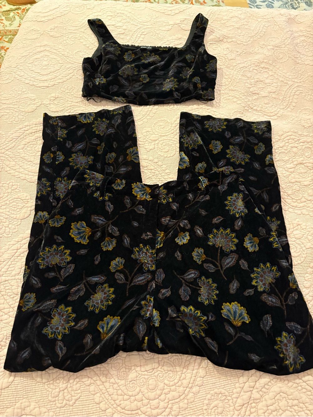 Rachel Zoe Black Floral Velvet Crop Top and Wide-Leg Pants Set